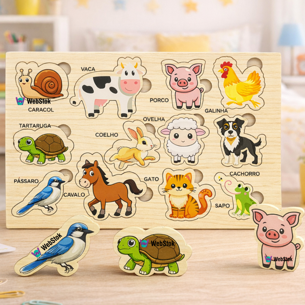 Quebra Cabeça Animais Brinquedo Educativo Encaixe Didático Animais 12 pçs Tabule