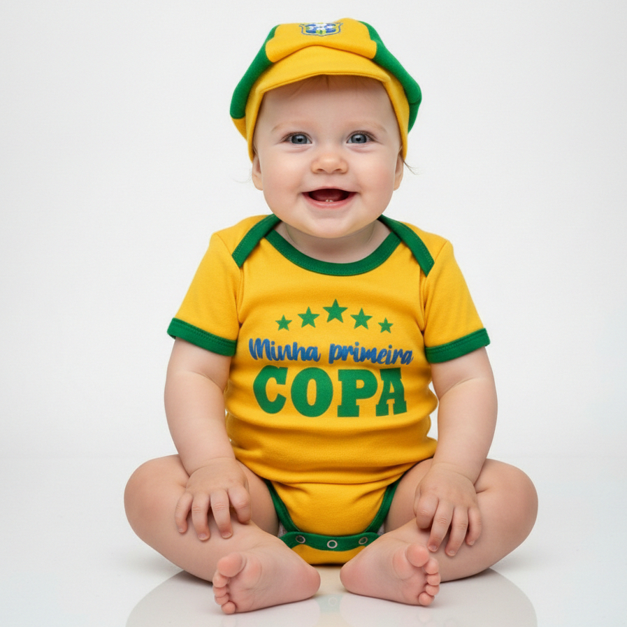 Body Bebe Brasil Primeira Copa Temático Mêsversario Copa do Mundo - Body Seleção