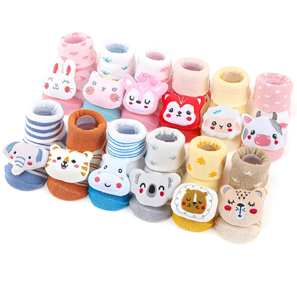 Kit 10 Pares de Meias Bebê Infantil com Antiderrapante Bichinhos em 3D e Chocalh